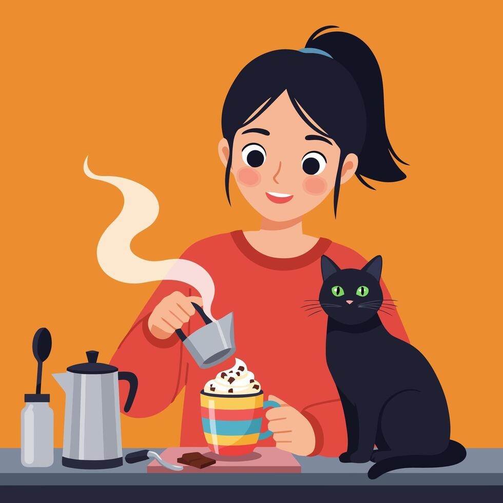 Woman Making Hot Chocolate with a Cat in a Cozy Setting vector