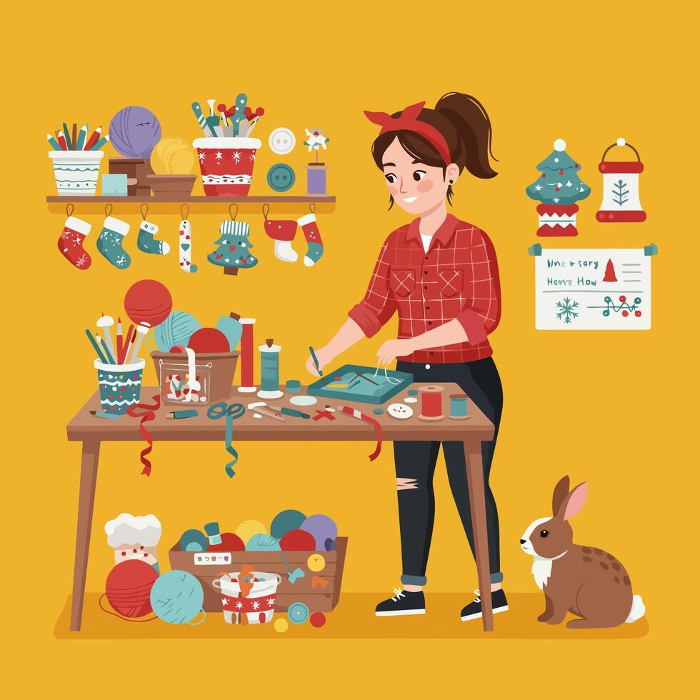 Woman Embroidering at Craft Table with Rabbit Surrounded by Supplies vector