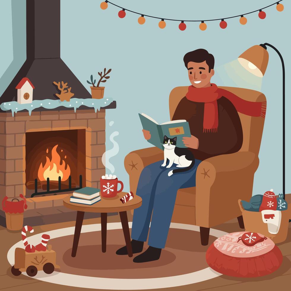 Man Reading by Fireplace with Cat and Hot Drink Illustration vector