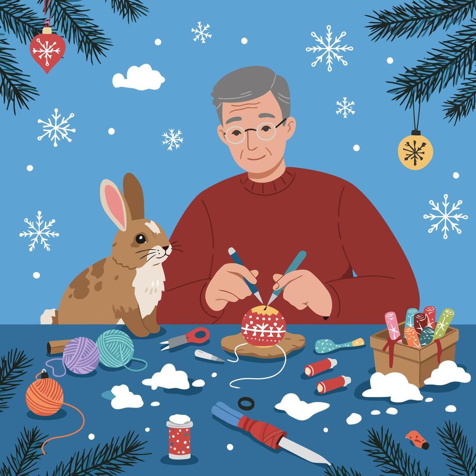 Person Crafting Ornament with Bunny Friend for Holiday Season Cheer vector