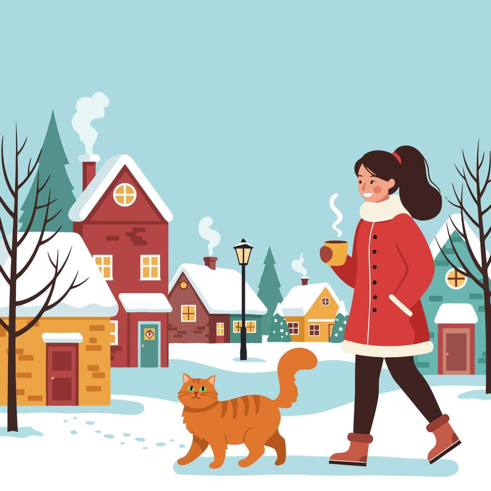 Walking in Snowy Village with Cat and Hot Drink vector