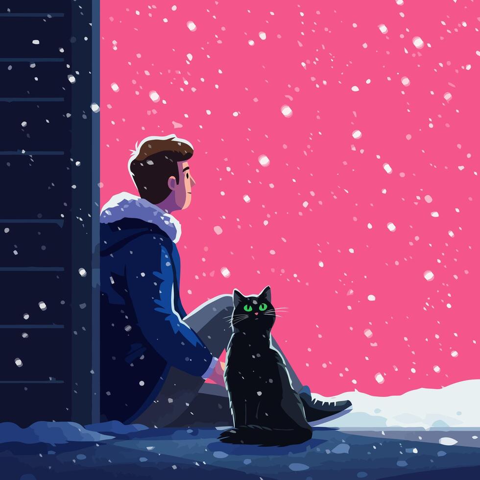 Person and Cat Watching Snowfall Outside on a Winter Day vector