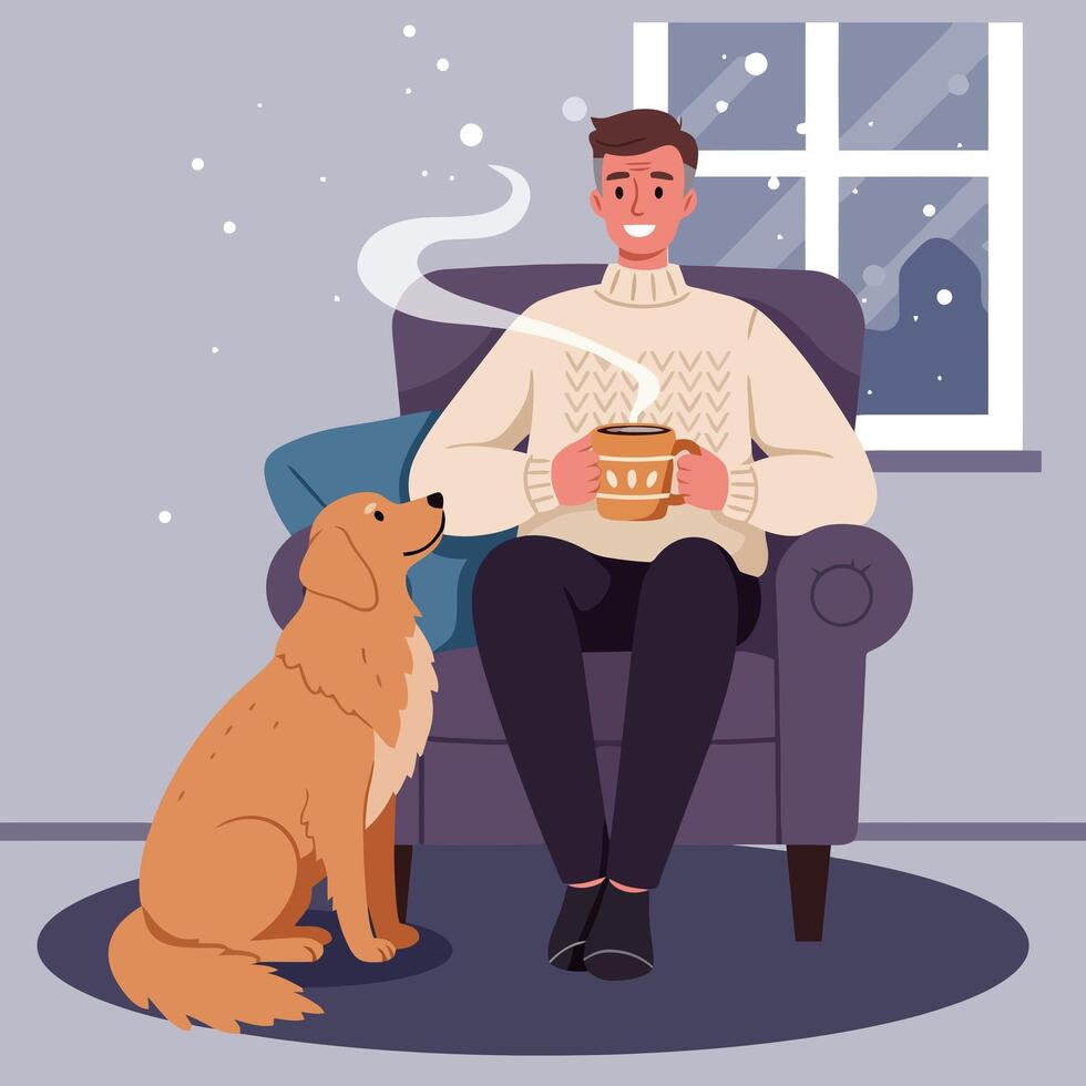 Relaxing Indoors with Hot Drink and Dog During Snowy Weather vector