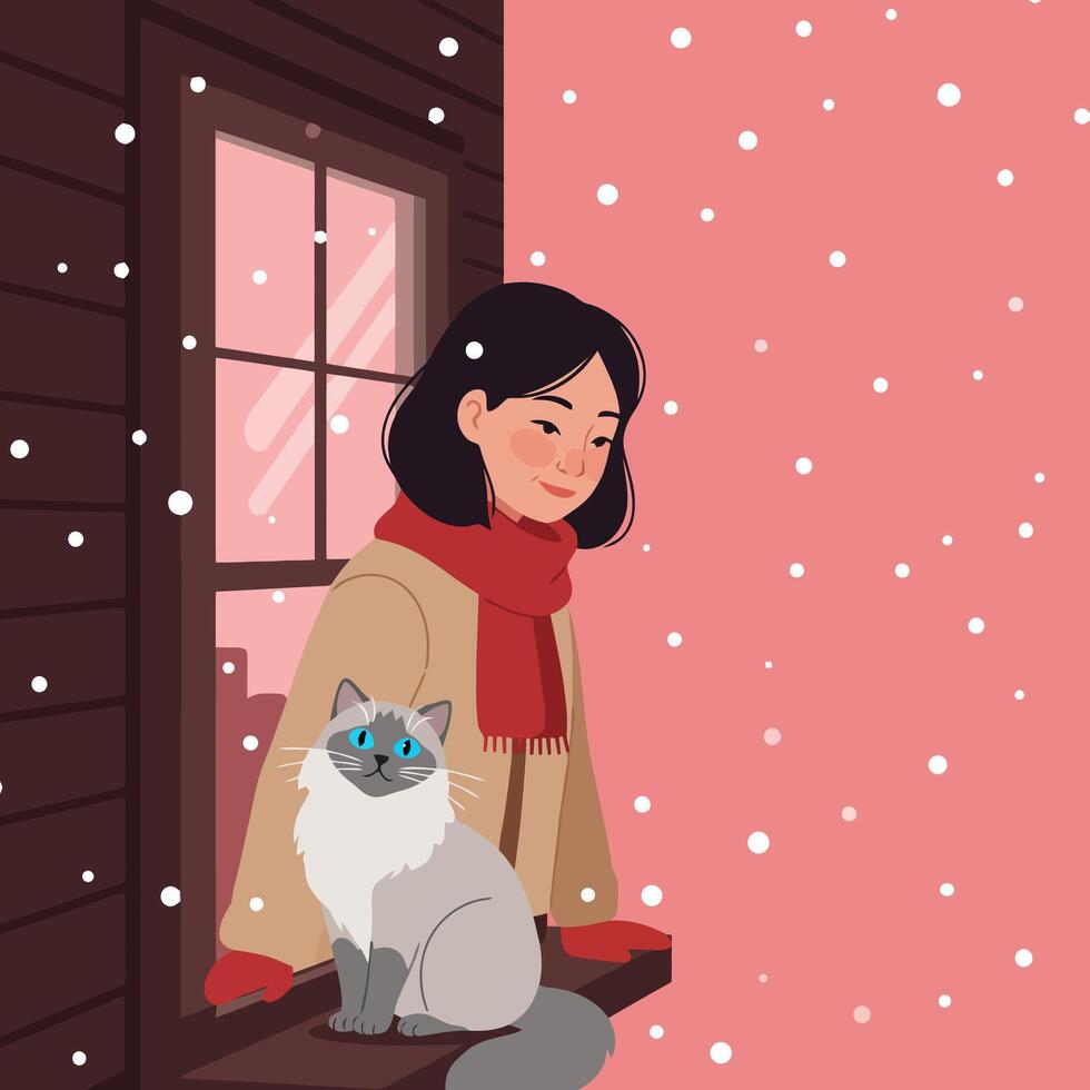 Woman Watching Falling Snow with Cat Sitting on Window Ledge vector
