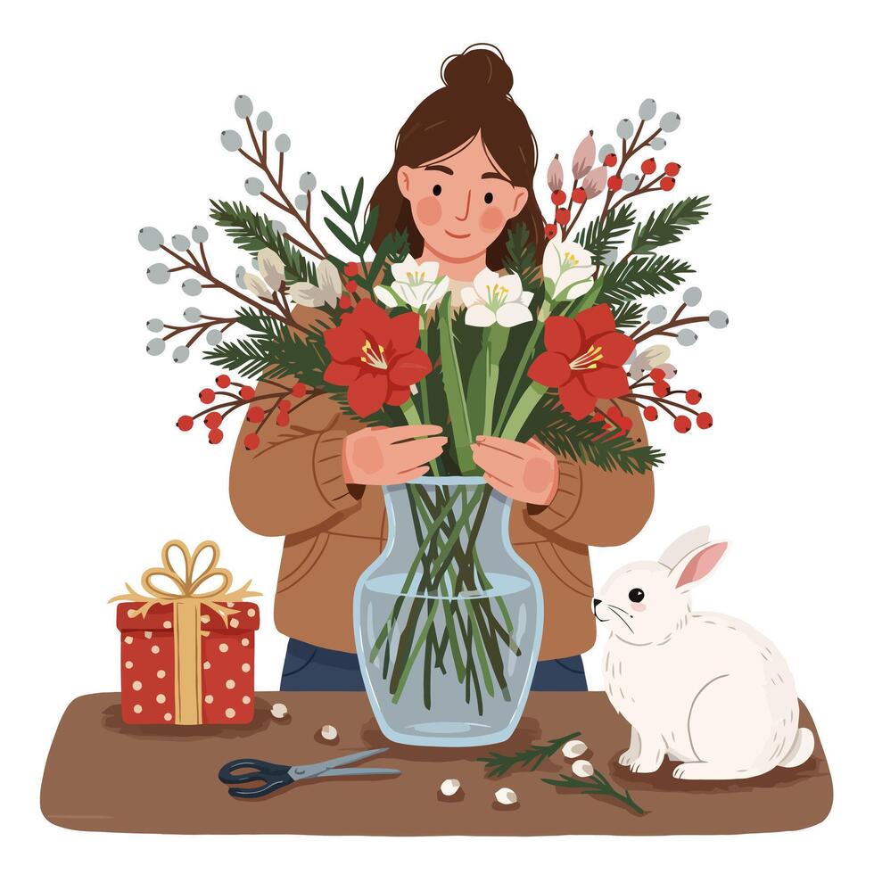 Arranging Holiday Flowers Woman Creating Festive Floral Display with Rabbit vector