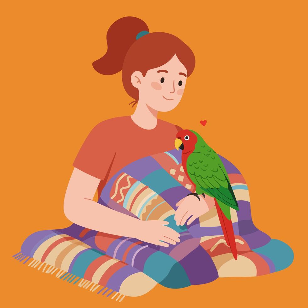 Woman with Parrot Sitting on Blanket Enjoying Peaceful Time Together vector