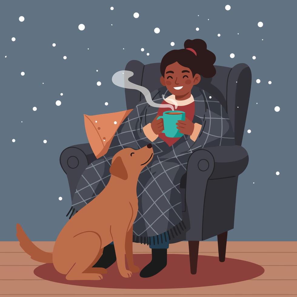Woman Relaxing in Armchair with Hot Drink and Dog in Winter vector
