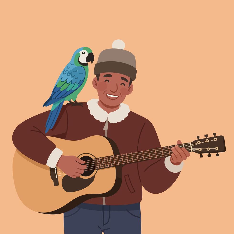 Man Playing Guitar with Parrot on Shoulder Enjoying Musical Moment vector