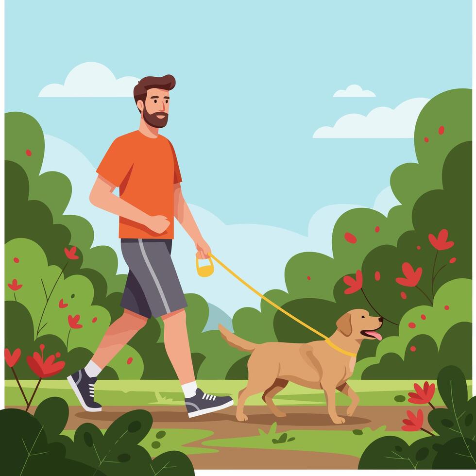 Man Walking a Dog in Park on Leash Relaxing Outdoors vector