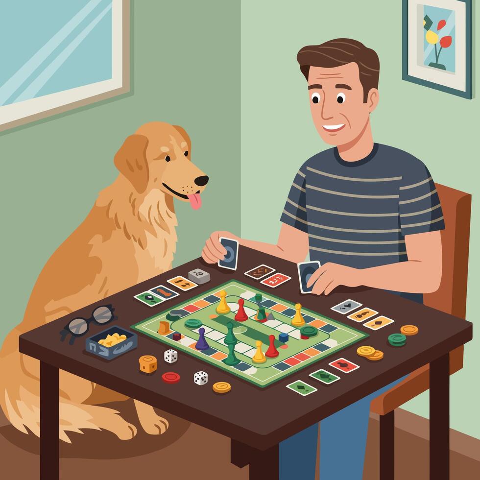 Man Playing Board Game with Dog Indoors in a Relaxing Setting vector