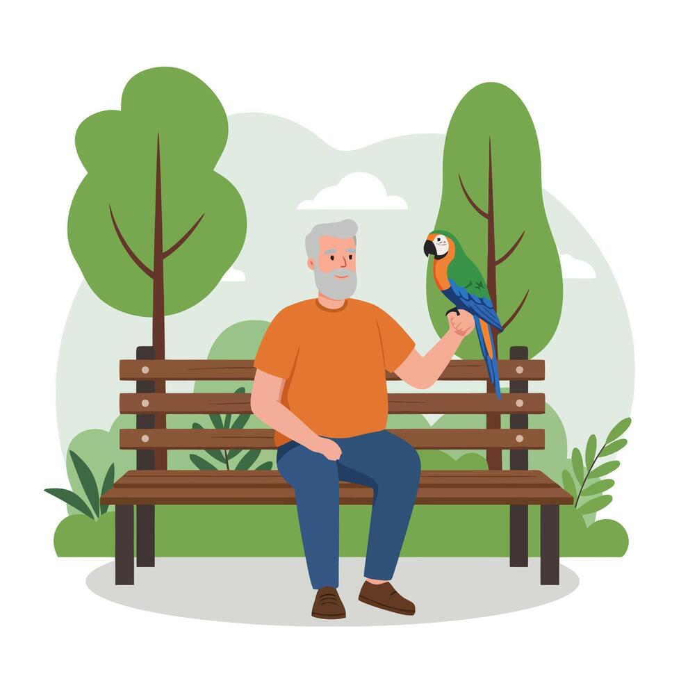 Man Sitting on Bench with Parrot in Outdoor Park Setting vector
