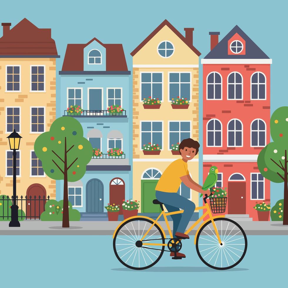 Man Riding Bicycle with Parrot in City Street Illustration vector