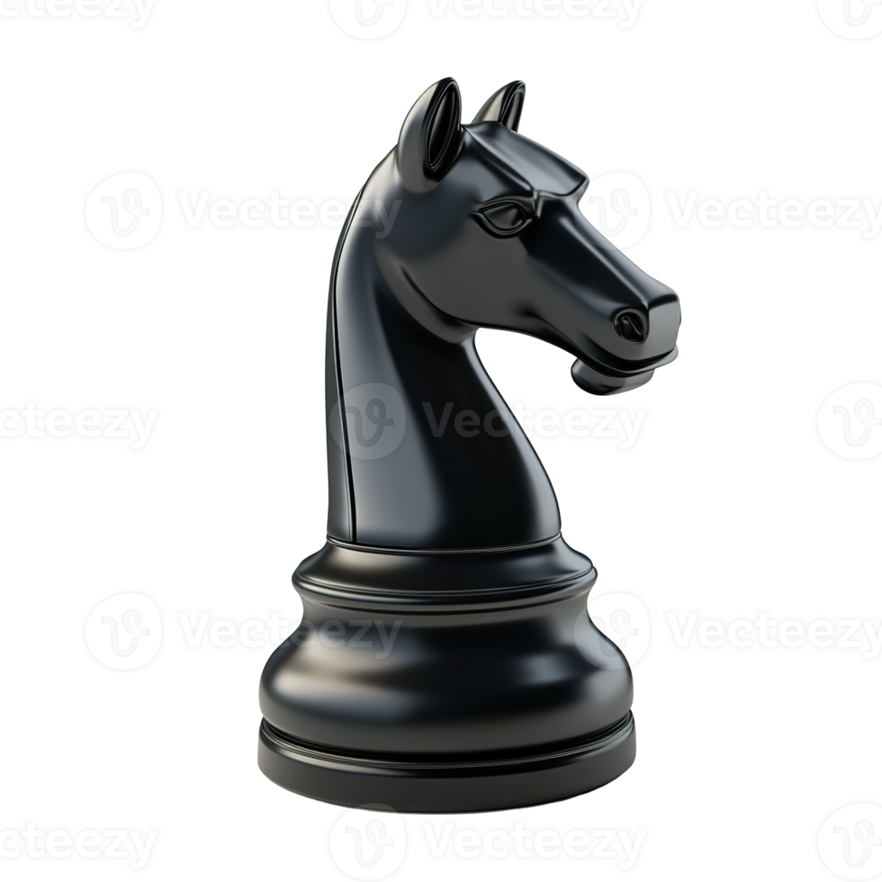 A singular rendered glossy black knight chess piece on display png