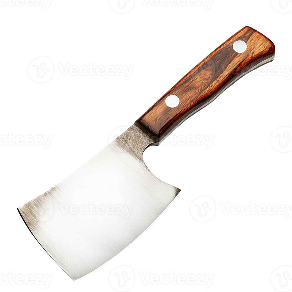 A shiny steel cleaver with a decorative wooden handle png