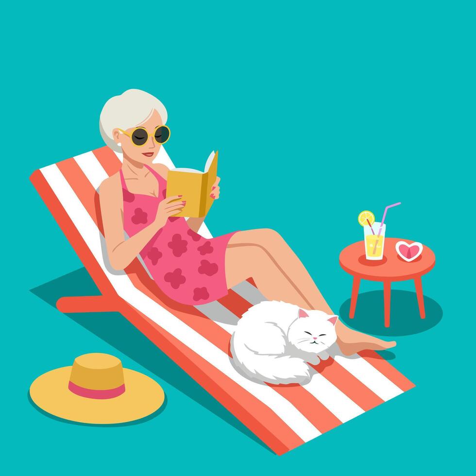 Woman Reading Book on Beach Chair with Cat and Drink Illustration vector