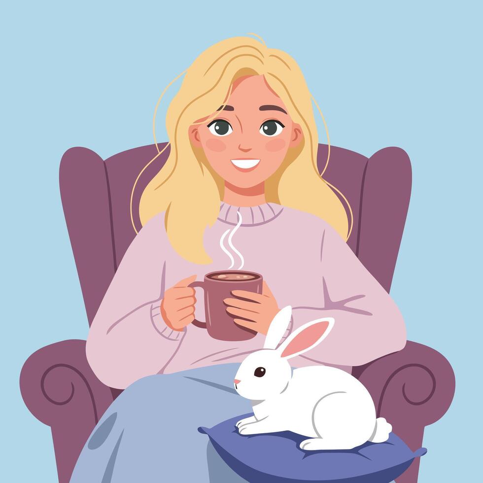 Woman Relaxing in Chair Drinking Hot Beverage with Pet Rabbit vector