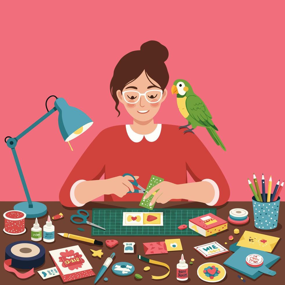 Woman Crafting Greeting Cards at a Desk with a Parrot Friend vector
