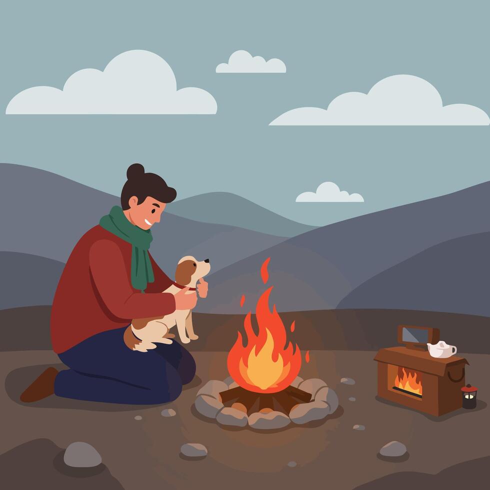 Man and Dog Enjoying Cozy Campfire in the Mountain Outdoors vector