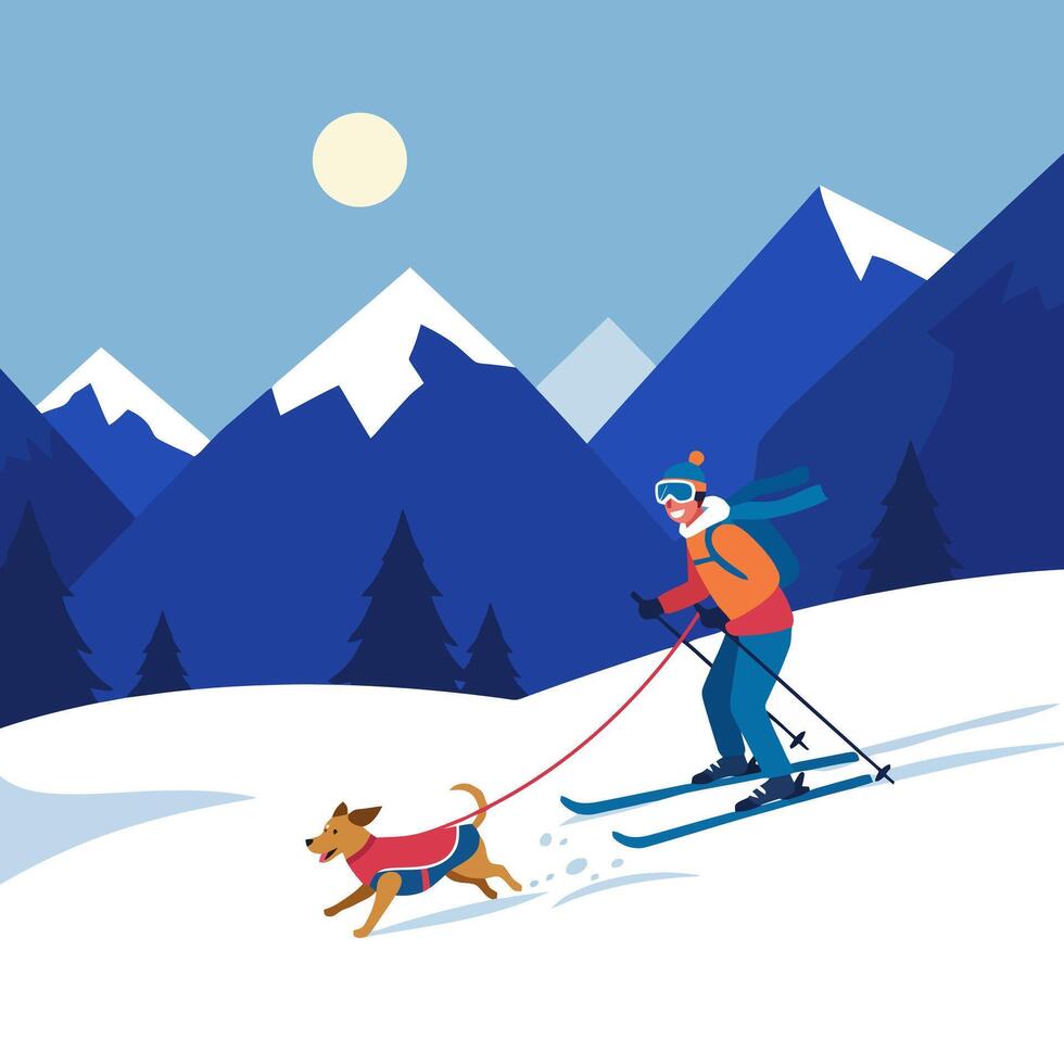 Person Skiing Downhill with Dog on Leash in Winter Landscape vector