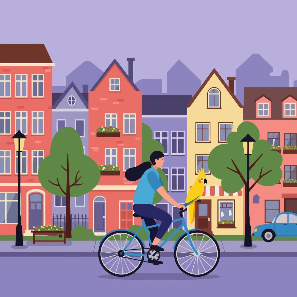Woman Riding Bicycle with Parrot in Colorful Town Illustration vector