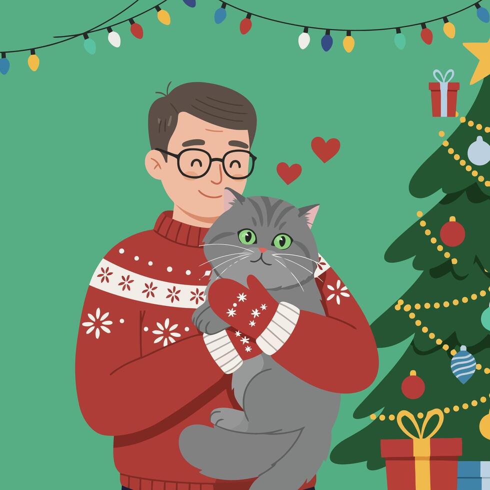 Holding Cat Near Christmas Tree Celebration Concept with a Smiling Man vector