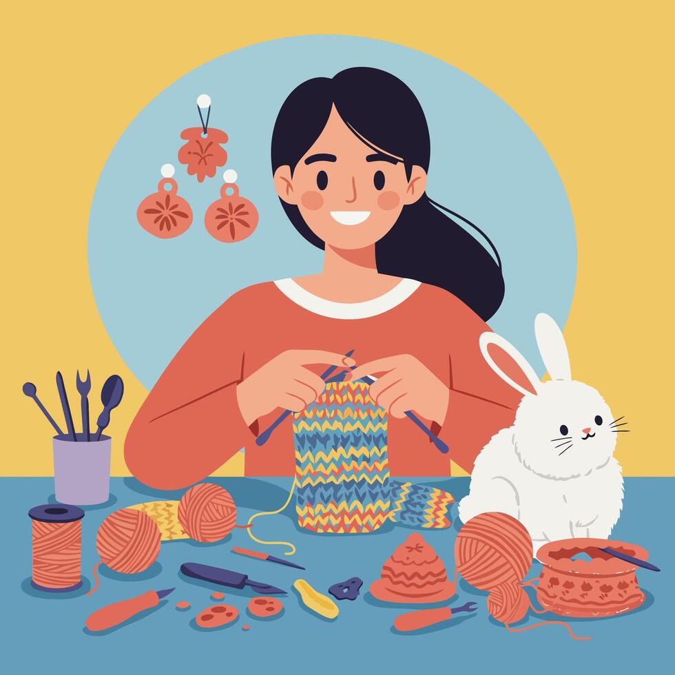 Woman Knitting Colorful Pattern with Wool Next to White Bunny vector