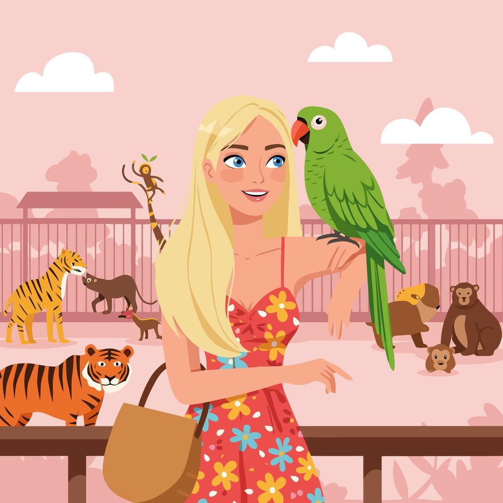 Woman with Parrot at Zoo Observing Animals in Enclosures vector