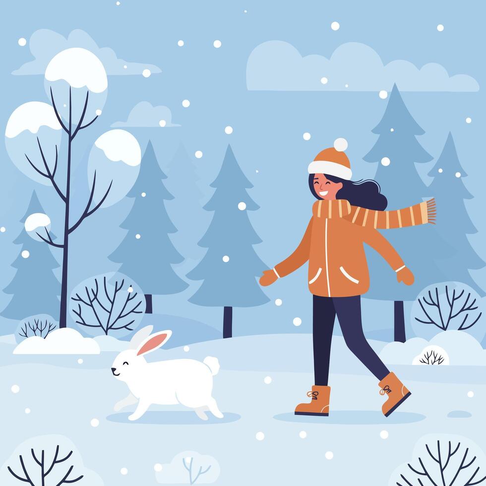 Woman Walking in Snowy Winter Forest with Rabbit Illustration vector