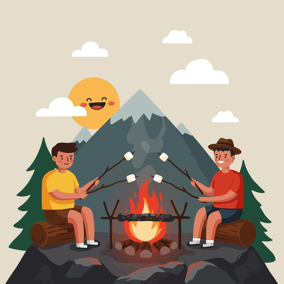 People Roasting Marshmallows Around Campfire with Mountain Background Illustration vector