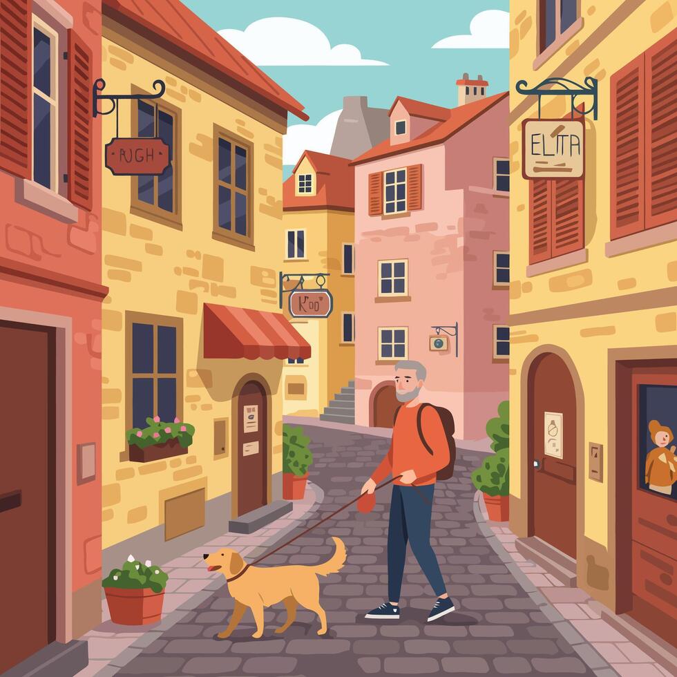 Man Walking Dog Through Quaint European Town with Colorful Buildings vector