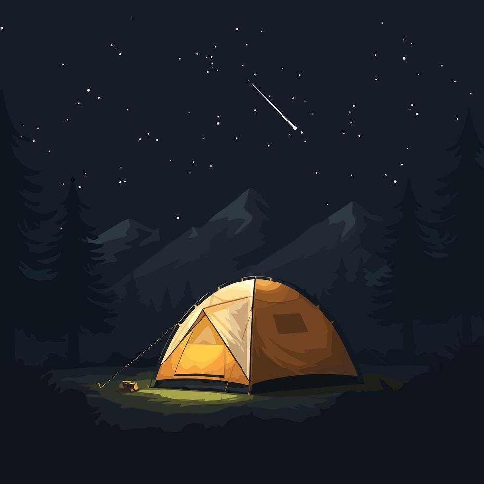 Camping Under Starry Night Sky with Tent and Mountain View vector