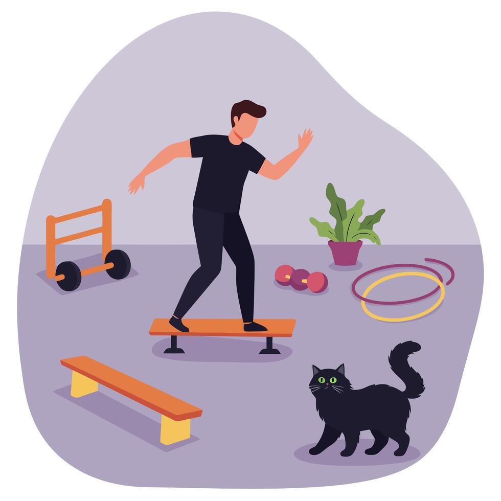 Man Balancing on Board with Fitness Equipment and Cat vector