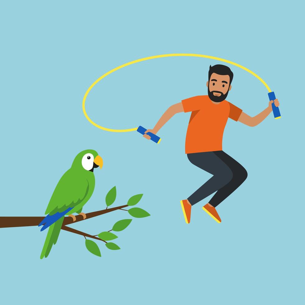 Man Jumping Rope As Parrot Observes Gym Fitness and Exercise vector