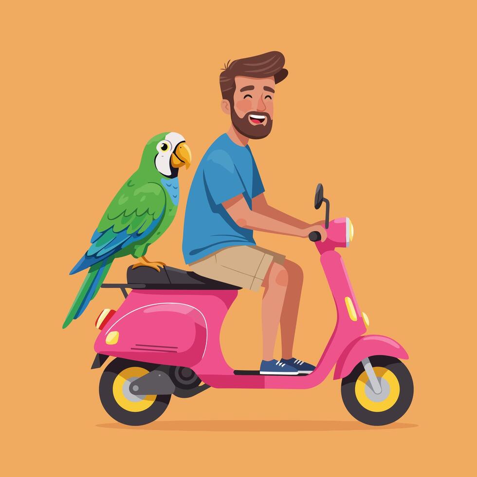 Man Riding Pink Scooter with Green Parrot Illustration Style vector