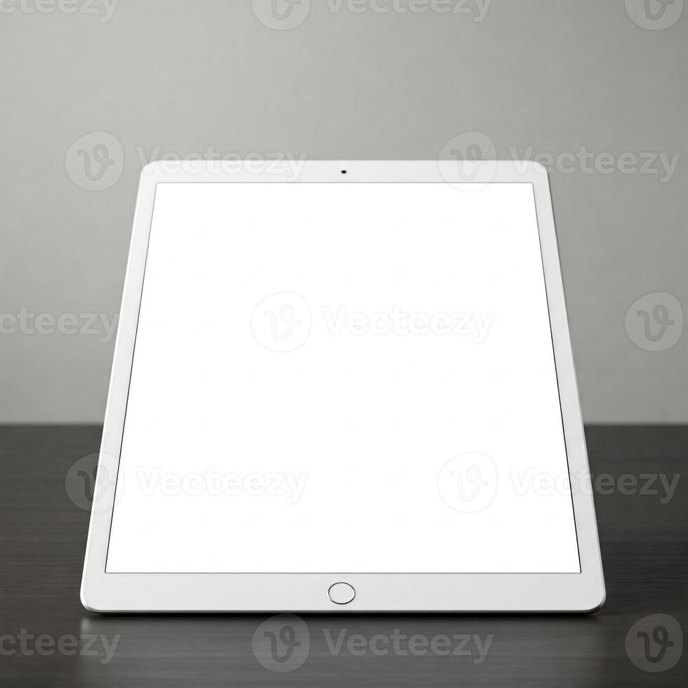 A plain white tablet screen isolated on a desk photo