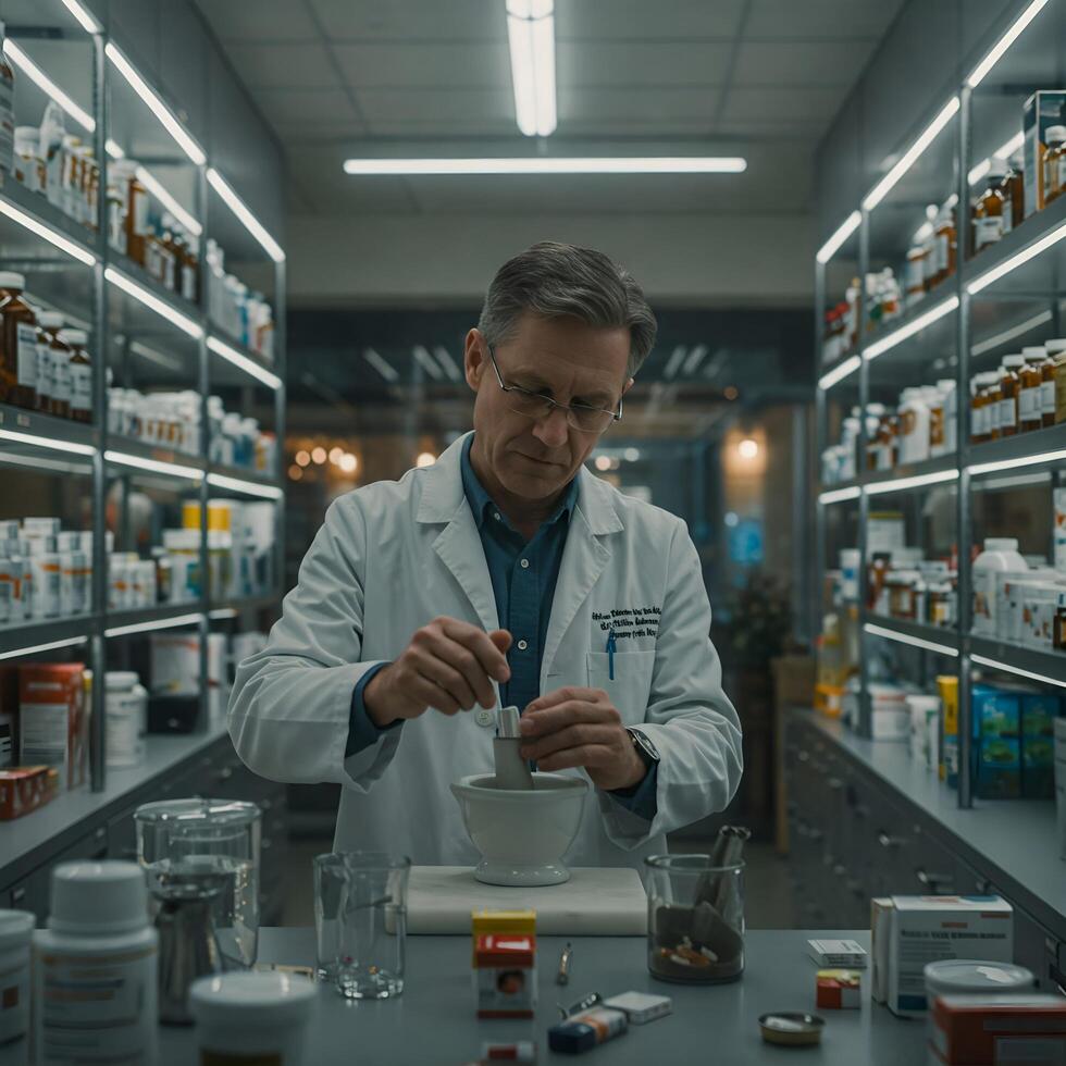 A man in a lab coat is standing in front of shelves of medicine photo