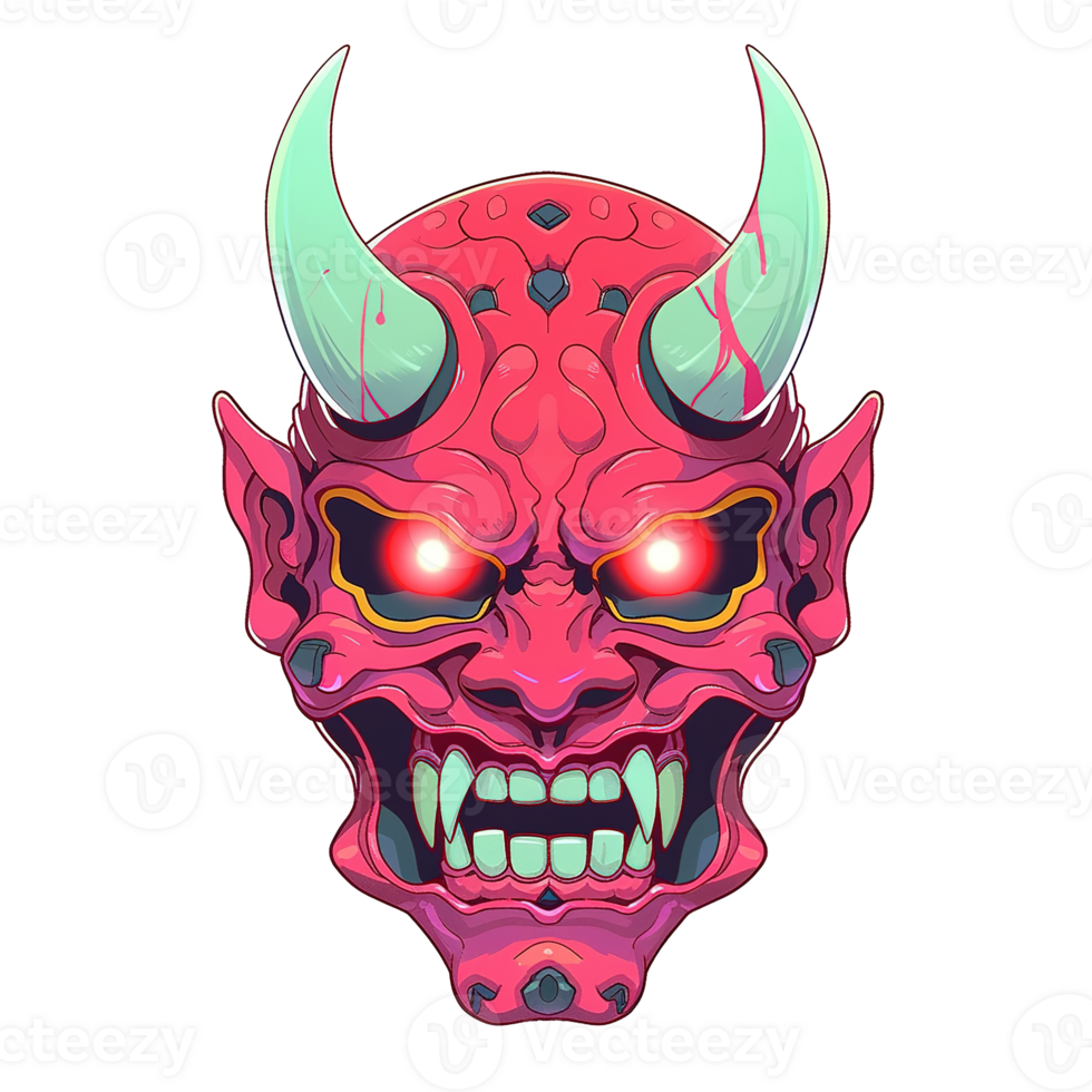 A red oni mask displaying fierce and intimidating facial features png