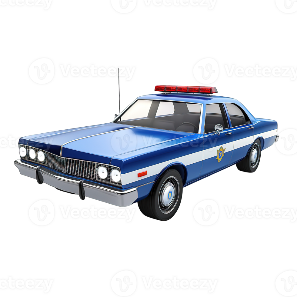 A blue and white vintage police car with flashing lights png