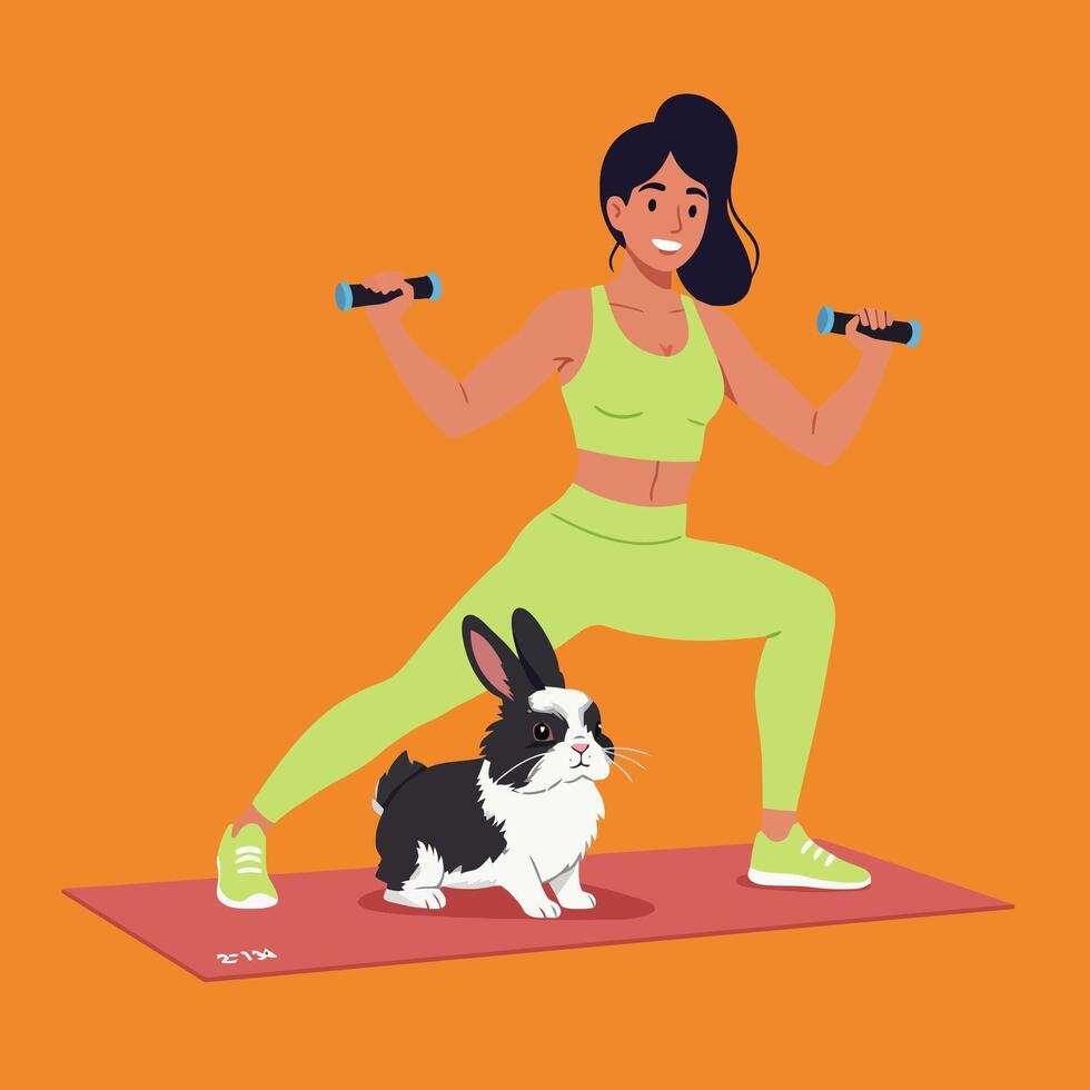 Woman Exercising with Dumbbells and Dutch Rabbit on Exercise Mat vector