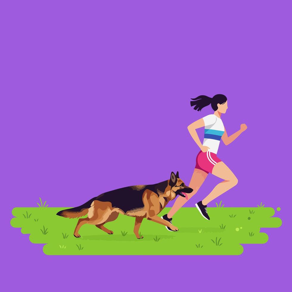 Woman Running with Dog on Green Grass Against a Purple Background vector
