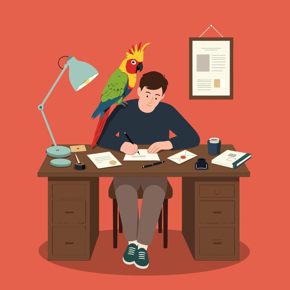 Man Writing Letter with Parrot on Shoulder at Wooden Desk vector