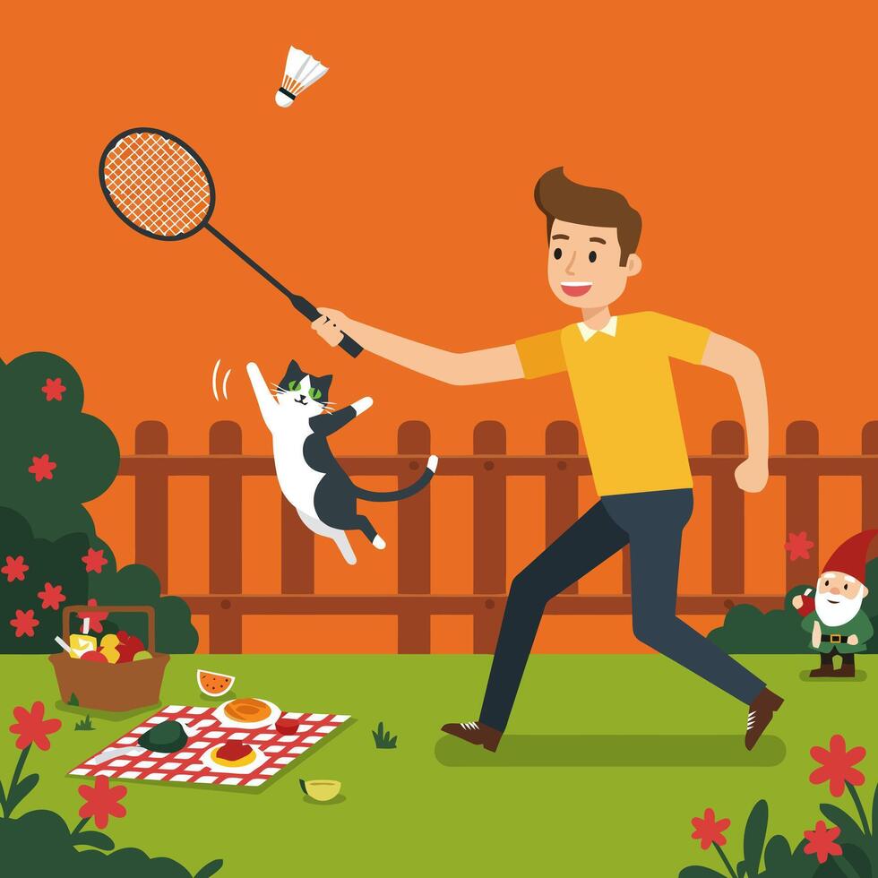Man Plays Badminton with Cat During Summer Picnic in Backyard vector