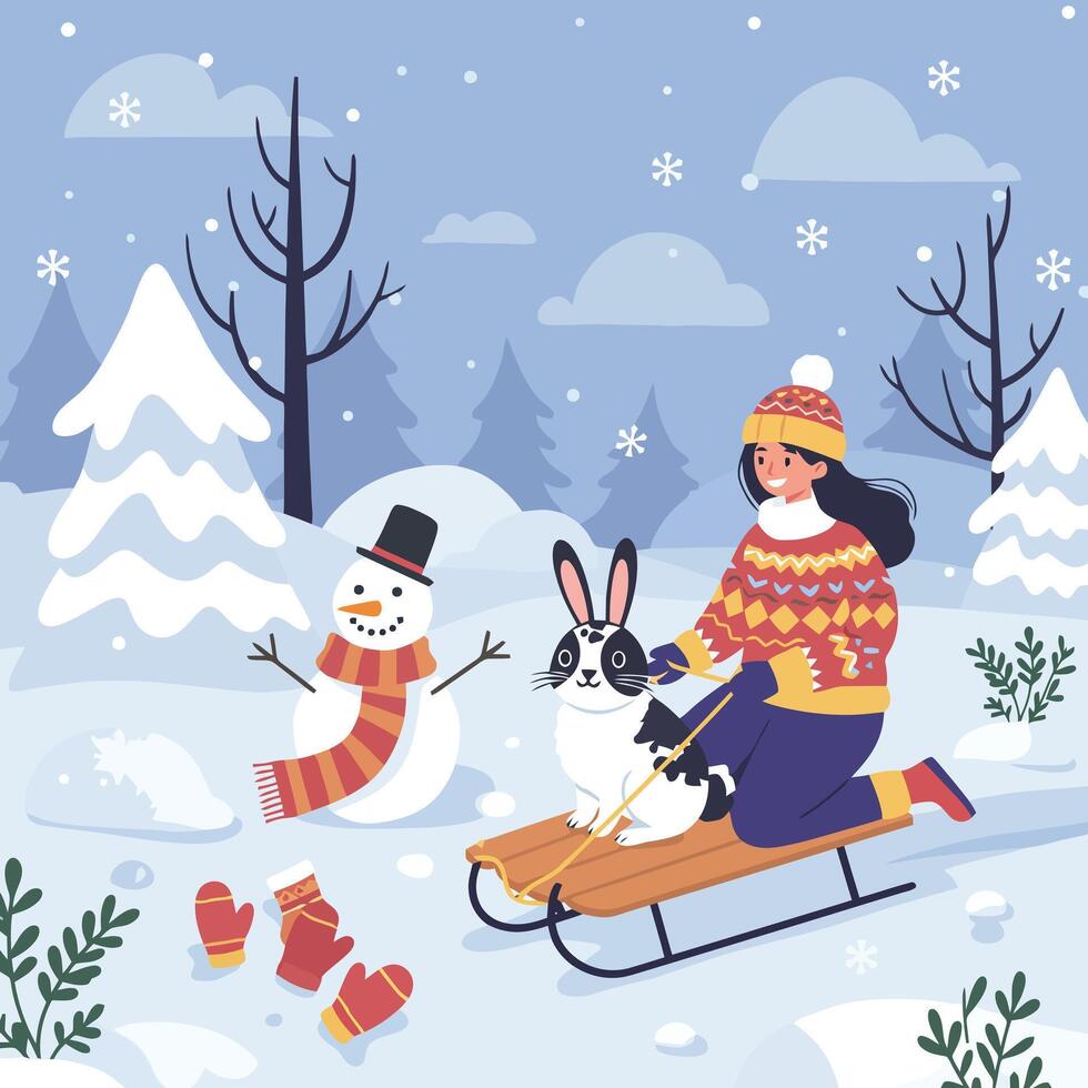 Woman Sledding with Rabbit in Snowy Winter Landscape Illustration vector