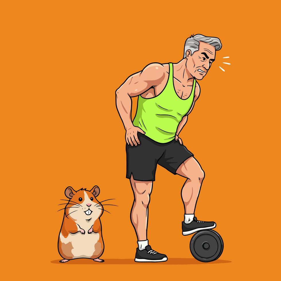 Weightlifting Attempt Cartoon Man and Hamster Humor on Orange Background vector