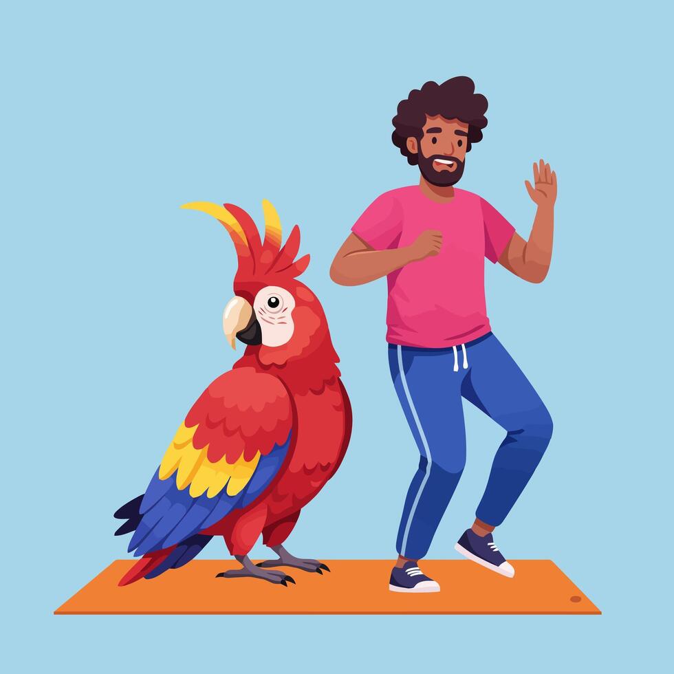 Man Exercising Near Parrot Indoor Against Blue Background Illustration vector