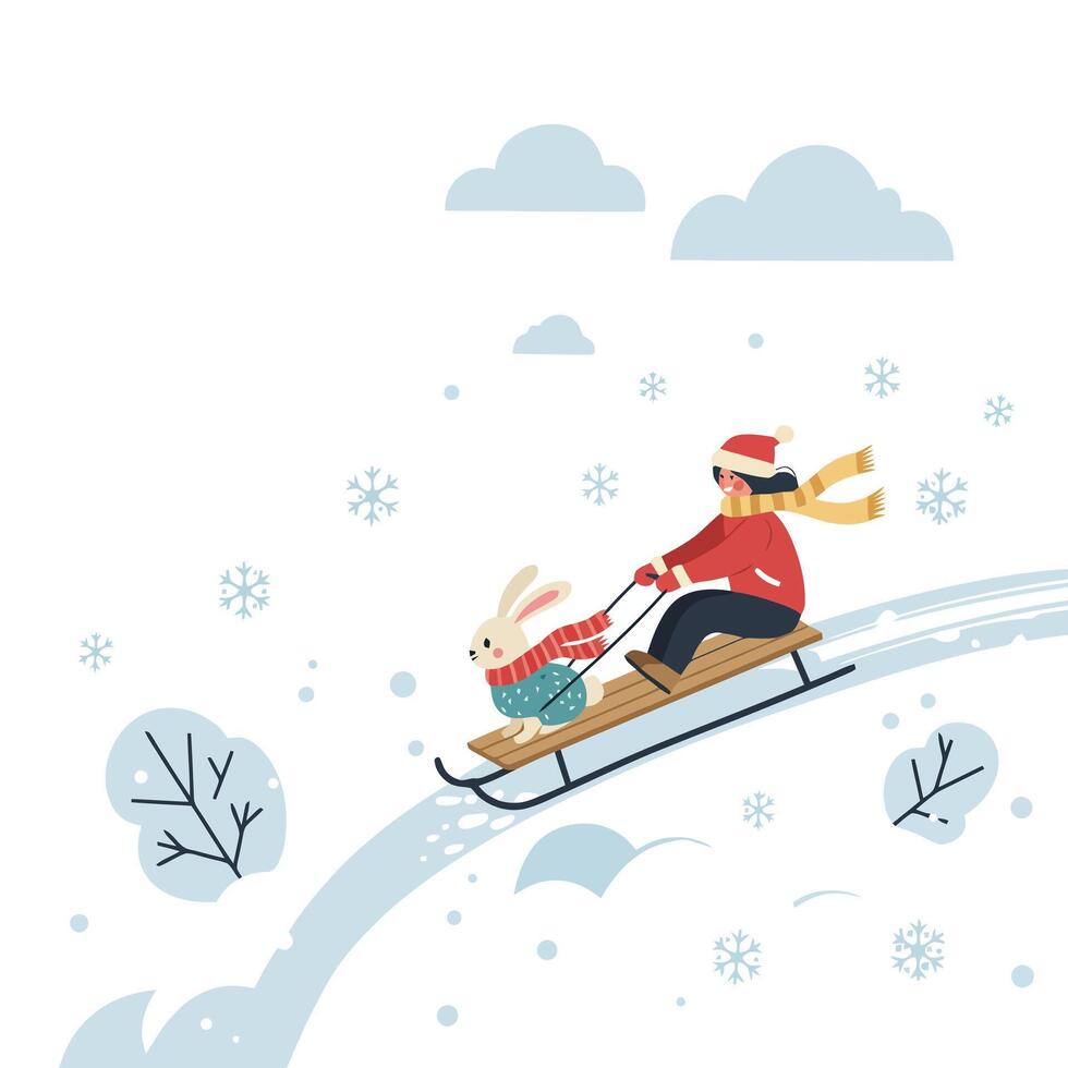 Woman and Rabbit Enjoying Winter Sled Ride Through Snowy Landscape vector