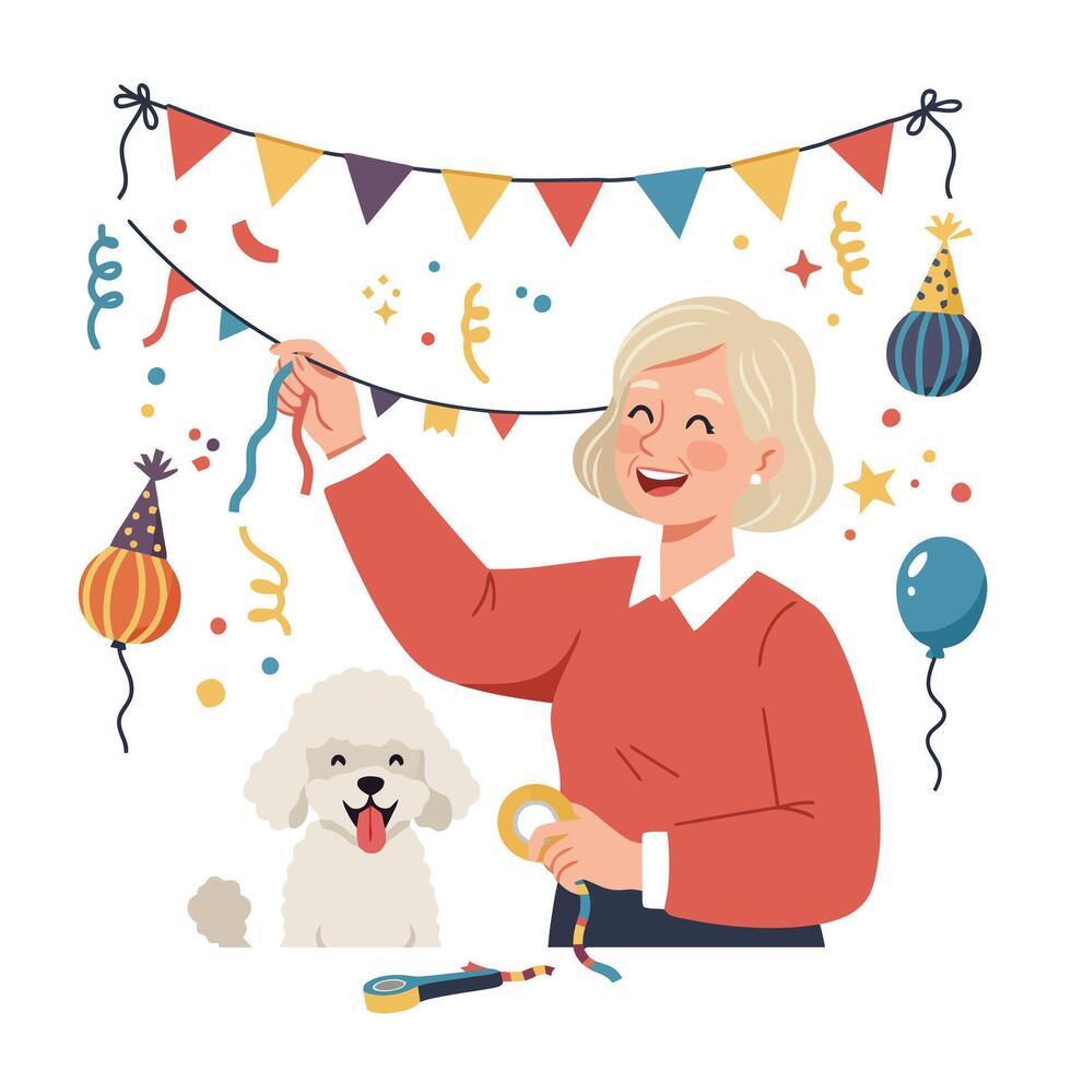 Woman Decorating for Party with Cute Dog and Colorful Decorations vector