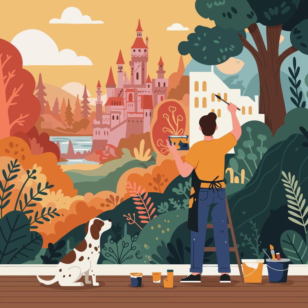 Man Painting a Colorful Castle Landscape on a Wall with Dog vector