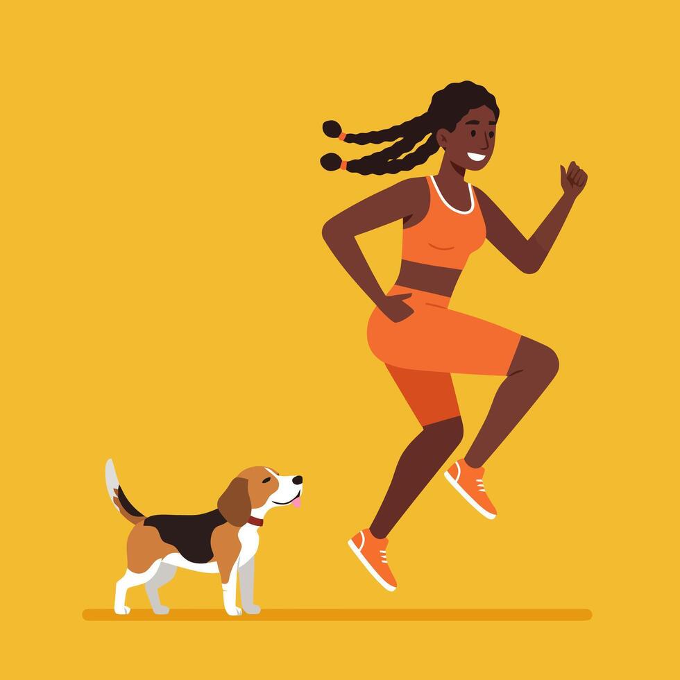 Woman Doing High Knees Exercise with Dog Beside Her on Yellow vector