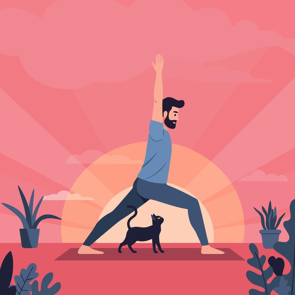 Man Practicing Yoga Pose with His Pet Cat at Sunset vector